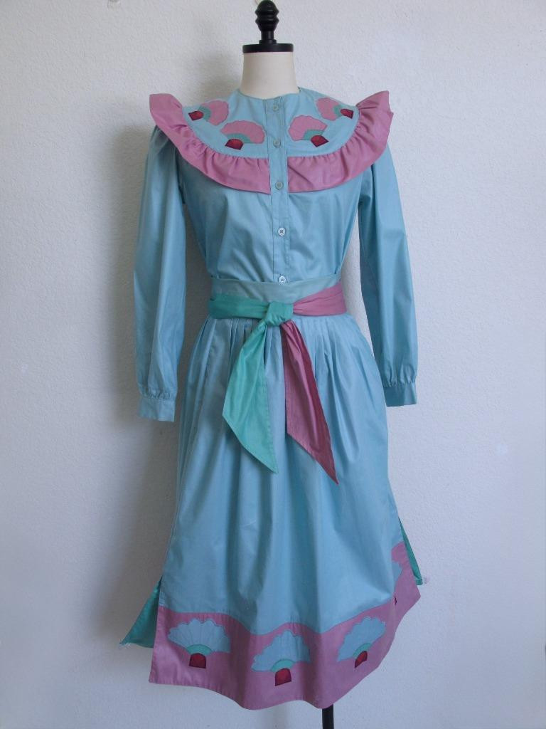 Vintage 80s Salaminder Kansas City Southwestern 2Pc Dress Top Skirt XXS Applique
