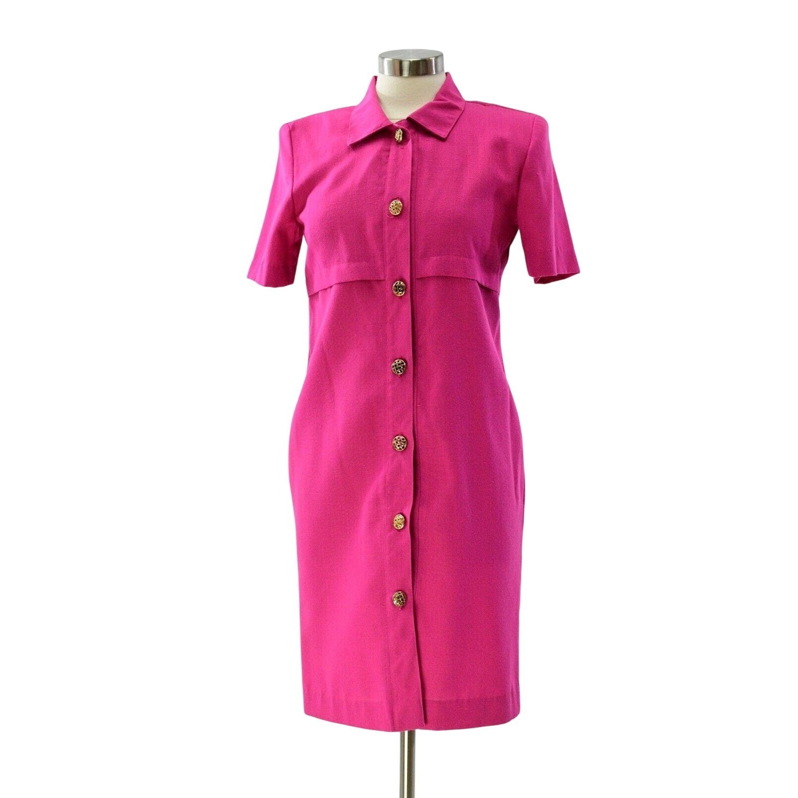 80s Vintage Hot Pink Short Sleeve Shirt Dress Peri Petites Size Small