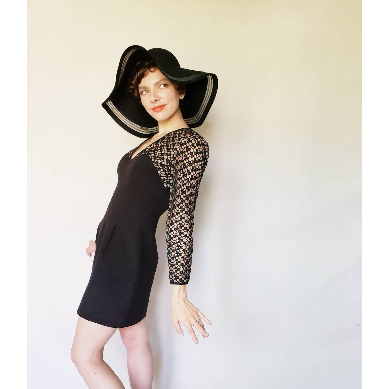VTG 1980s Black Party Dress Crochet Lace Nude Illusion Kathryn Dianos Zip Front