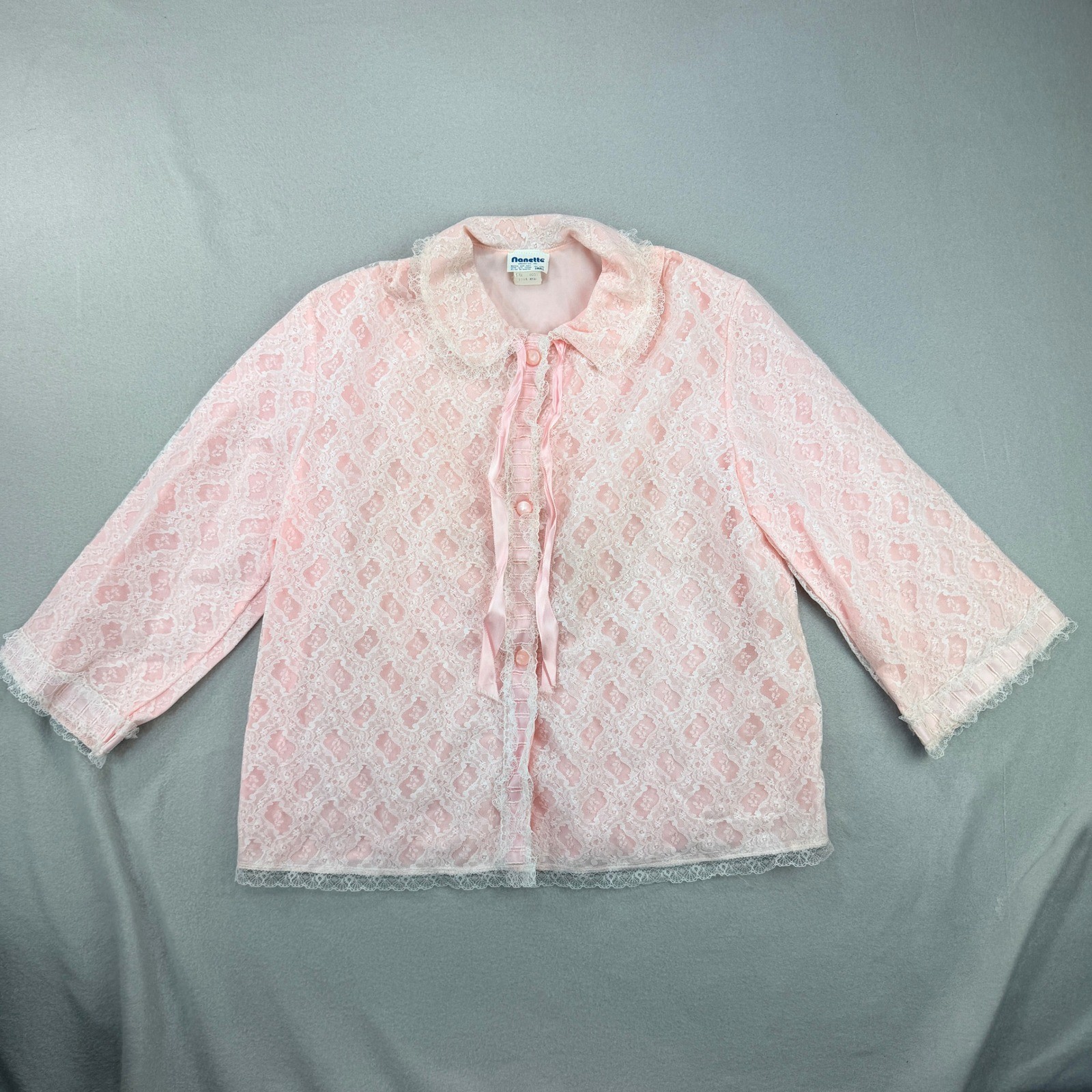 Vintage Nanette Pink Floral Lace Bed Jacket 3/4 Sleeve Ribbon Tie Small Lined