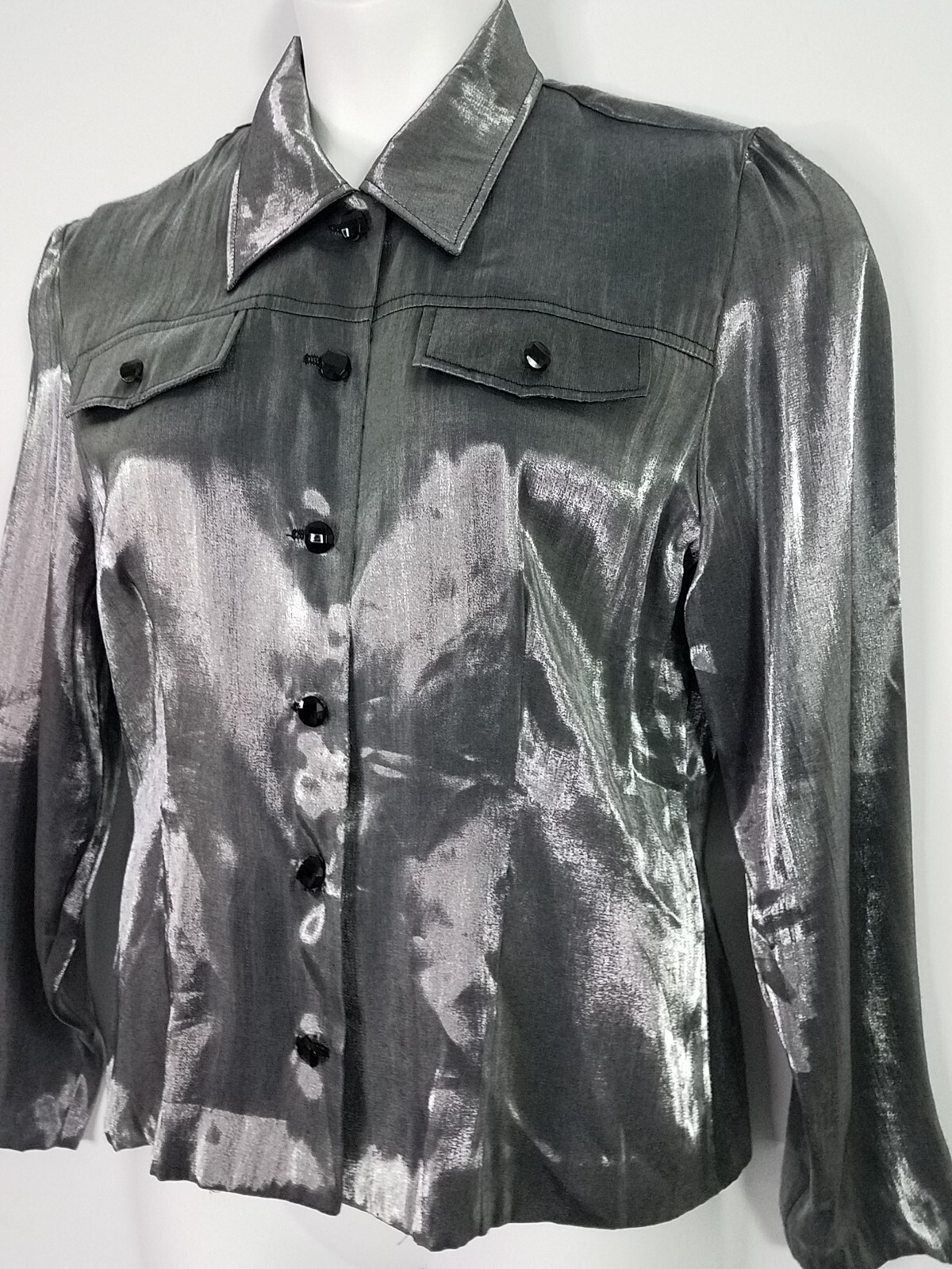D.J. SUMMERS Disco 80’s Women’s Sz 12 Shirt Gray Shiny Satin Collar Buttons USA