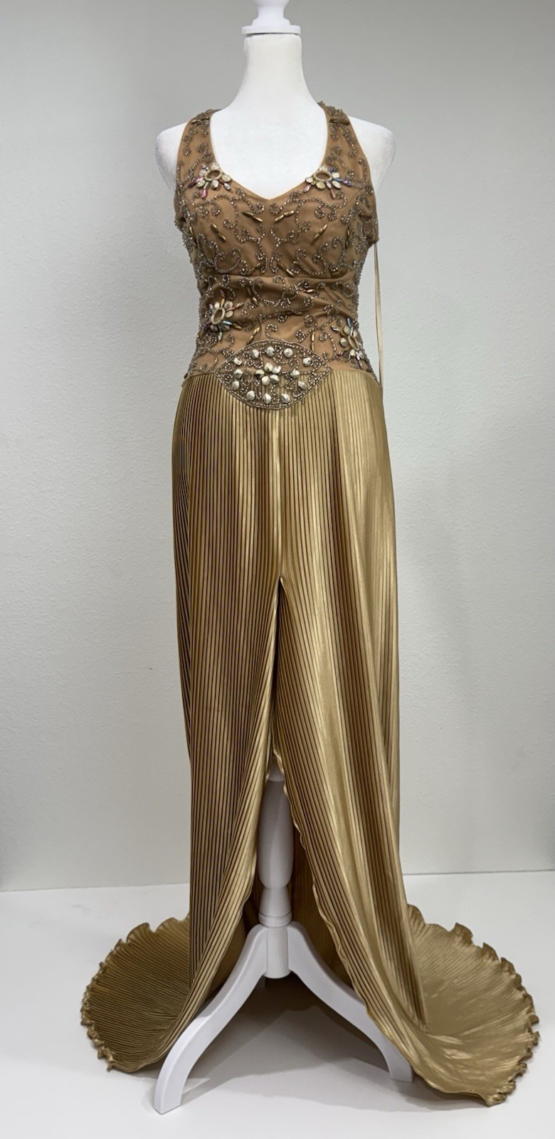 VTG Y2K Sherry Haute Couture Gold Beaded Pleated Gown Front Slit Designer