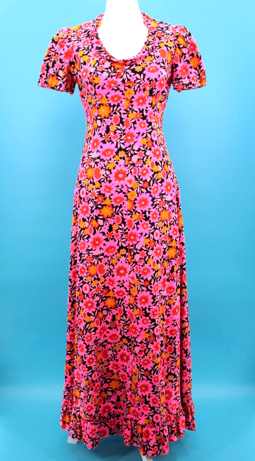 Vtg Women’s 60s Hot Pink & Orange Psychedelic Floral Maxi Dress XS/S 1960s