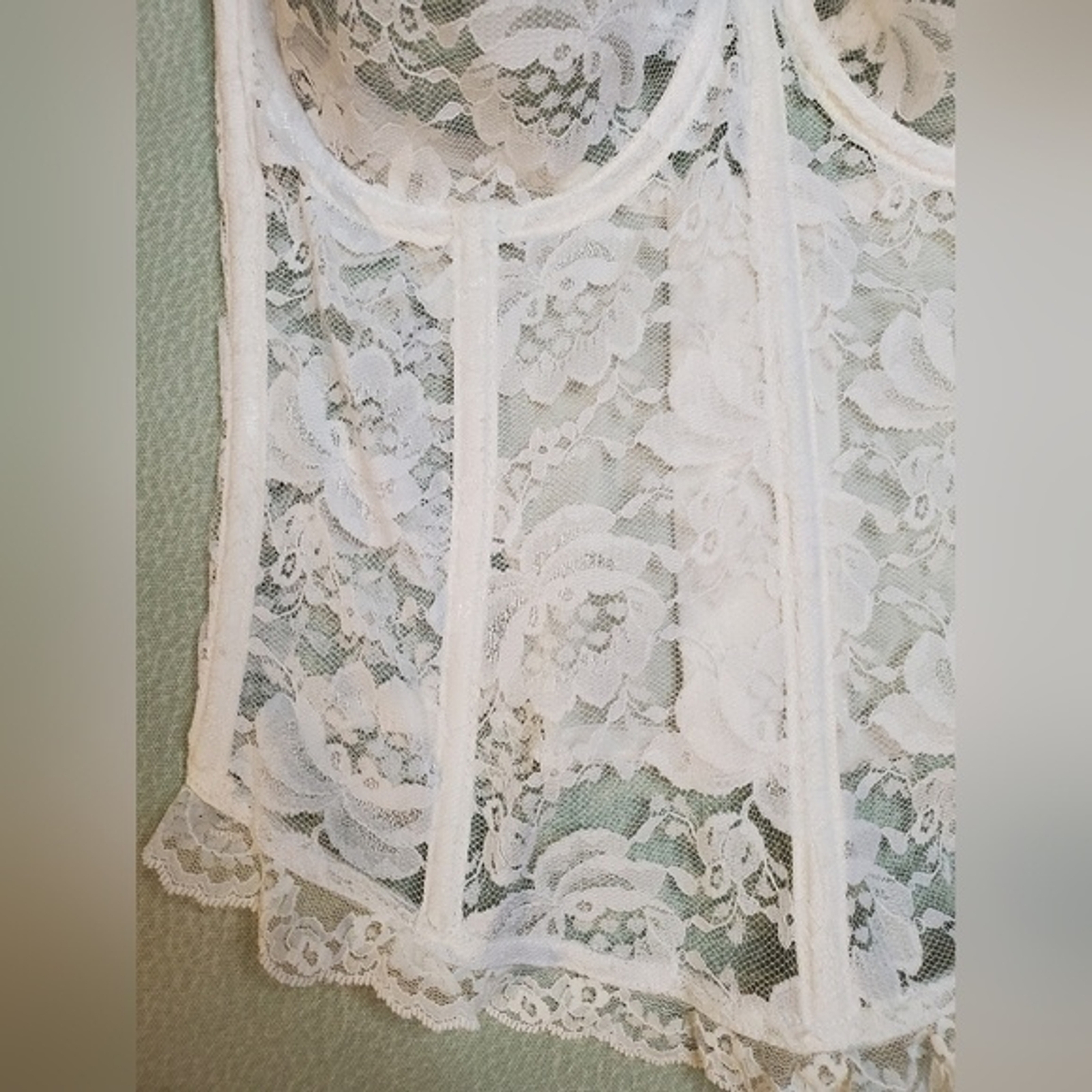 Vintage 90s Jezebel White Lace Lingerie Sheer Bridal Floral Corset Ruffle 34 B