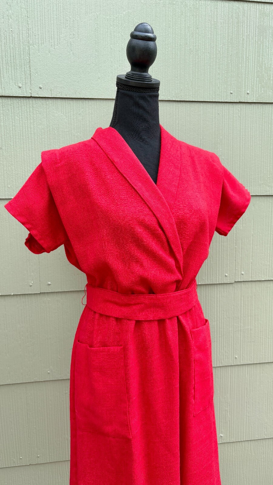 vtg LISA PETITES 70s Disco Casual Red Woven Knit Linen Belted Wrap A-Line Dress