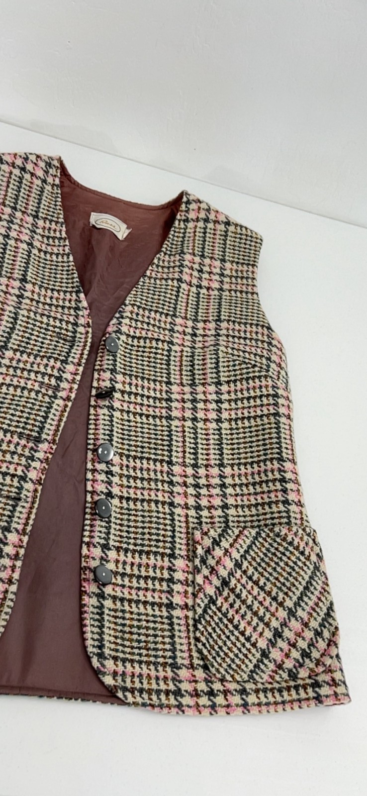 RUSS vtg wool houndstooth vest 12 preppy equestrian academia pink gray beige