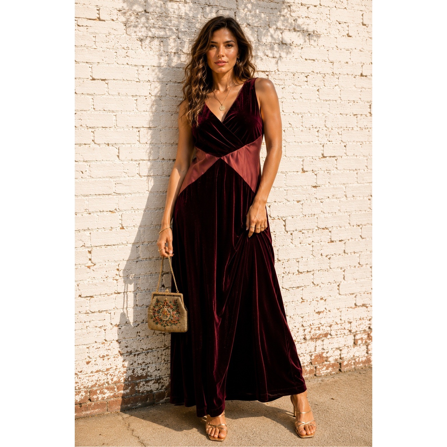 Vintage Amanda Lane Burgundy Velvet Satin Maxi Dress Gown Gothic 90s Size 16