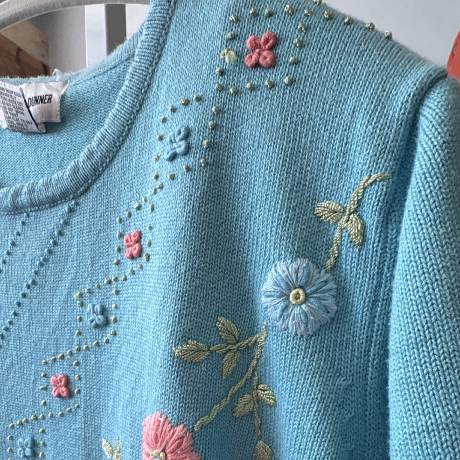 Alfred Dunner Floral Embroidered Knit Top Blue Pink Green Acrylic Cotton Size L