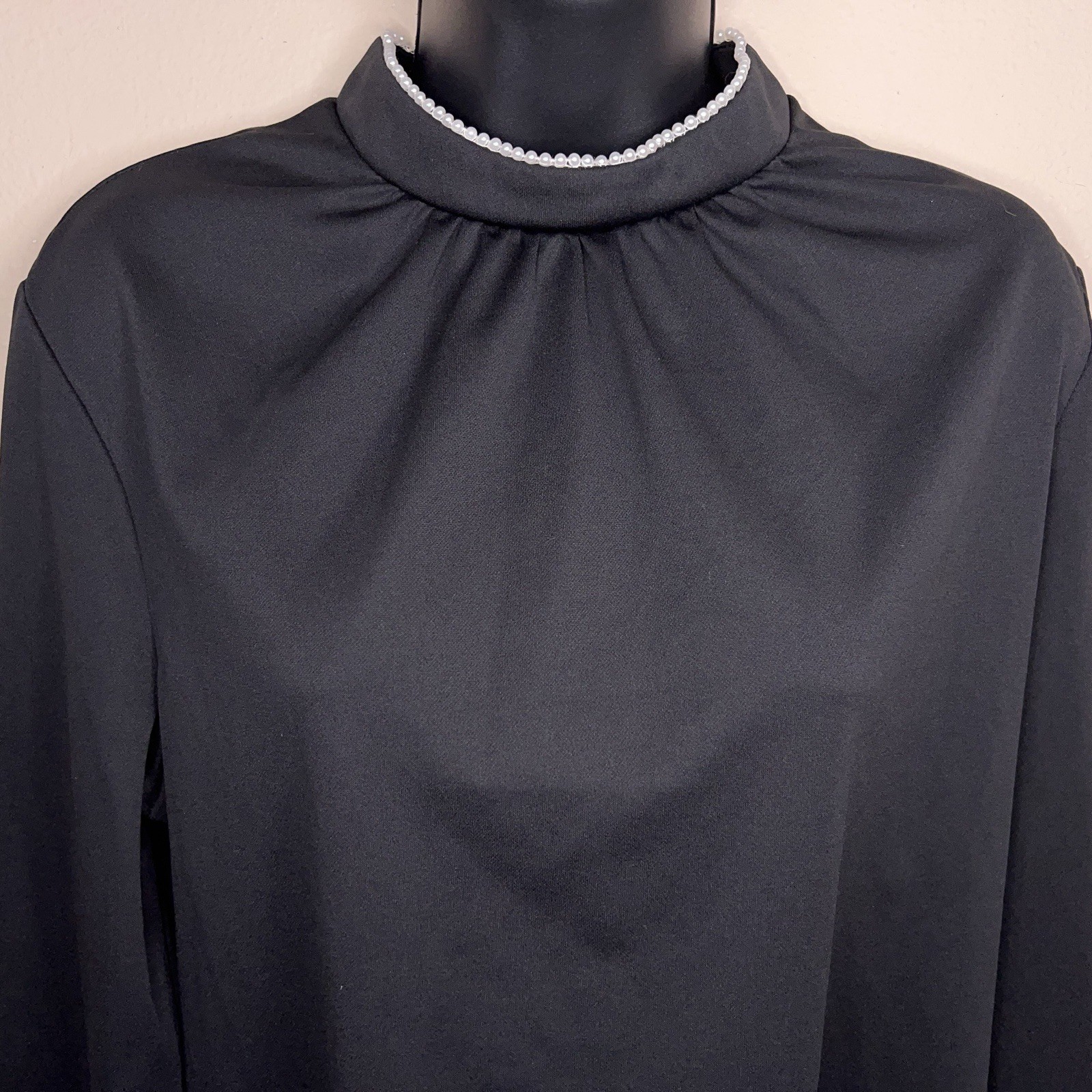 Vintage Ko Ko Knit Black Mock Neck Blouse Long Sleeve High Collar Pearl Accent