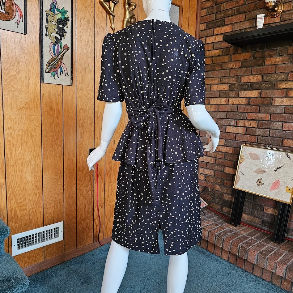 Vintage 80s New Wave Granny Polka Dot Peplum Secretary Lace Bib Day Dress M/L