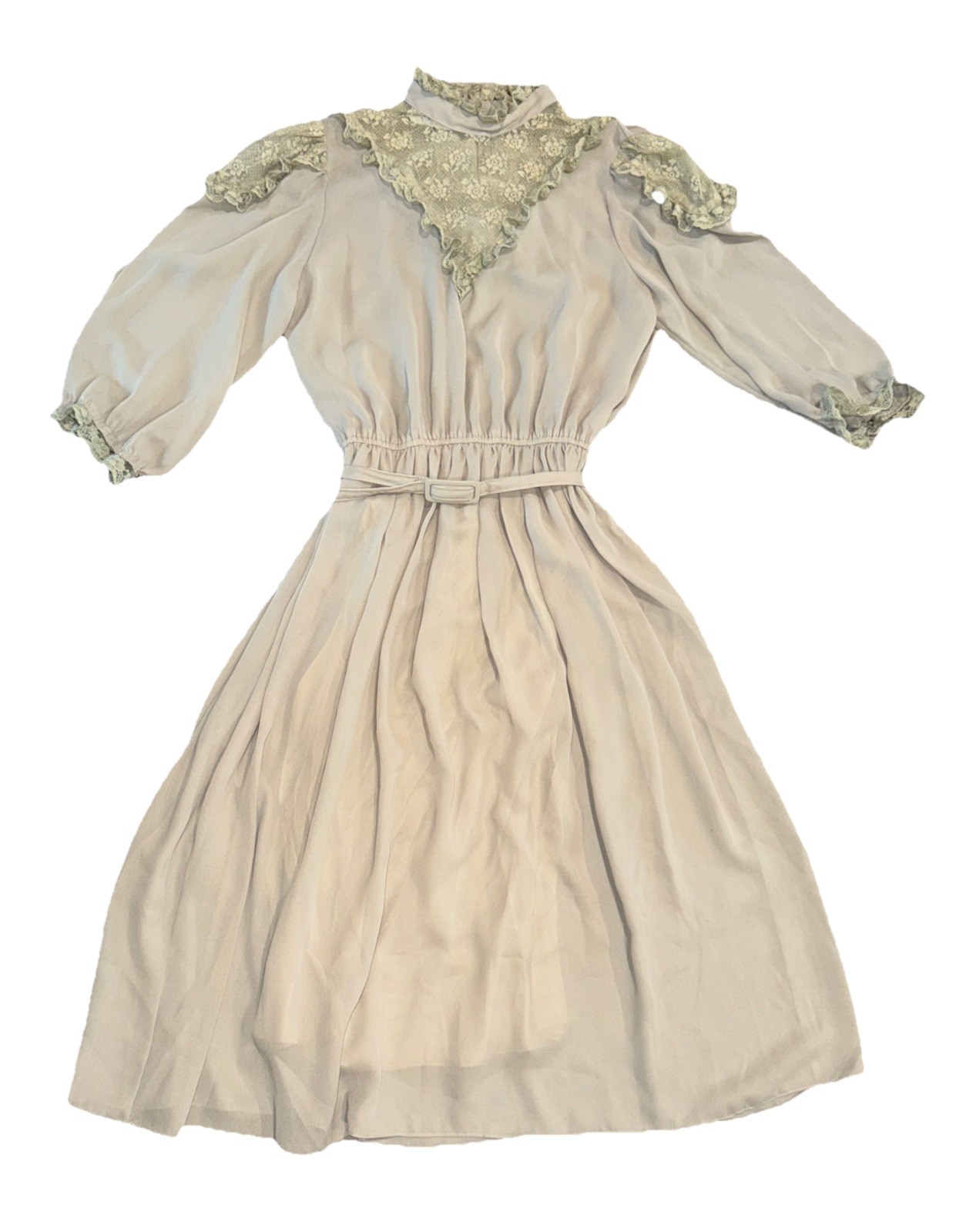 Vintage Imperial Fashion Fancy Retro Dress 60’s Sage Green Sheer Lace Trim ?Sm?