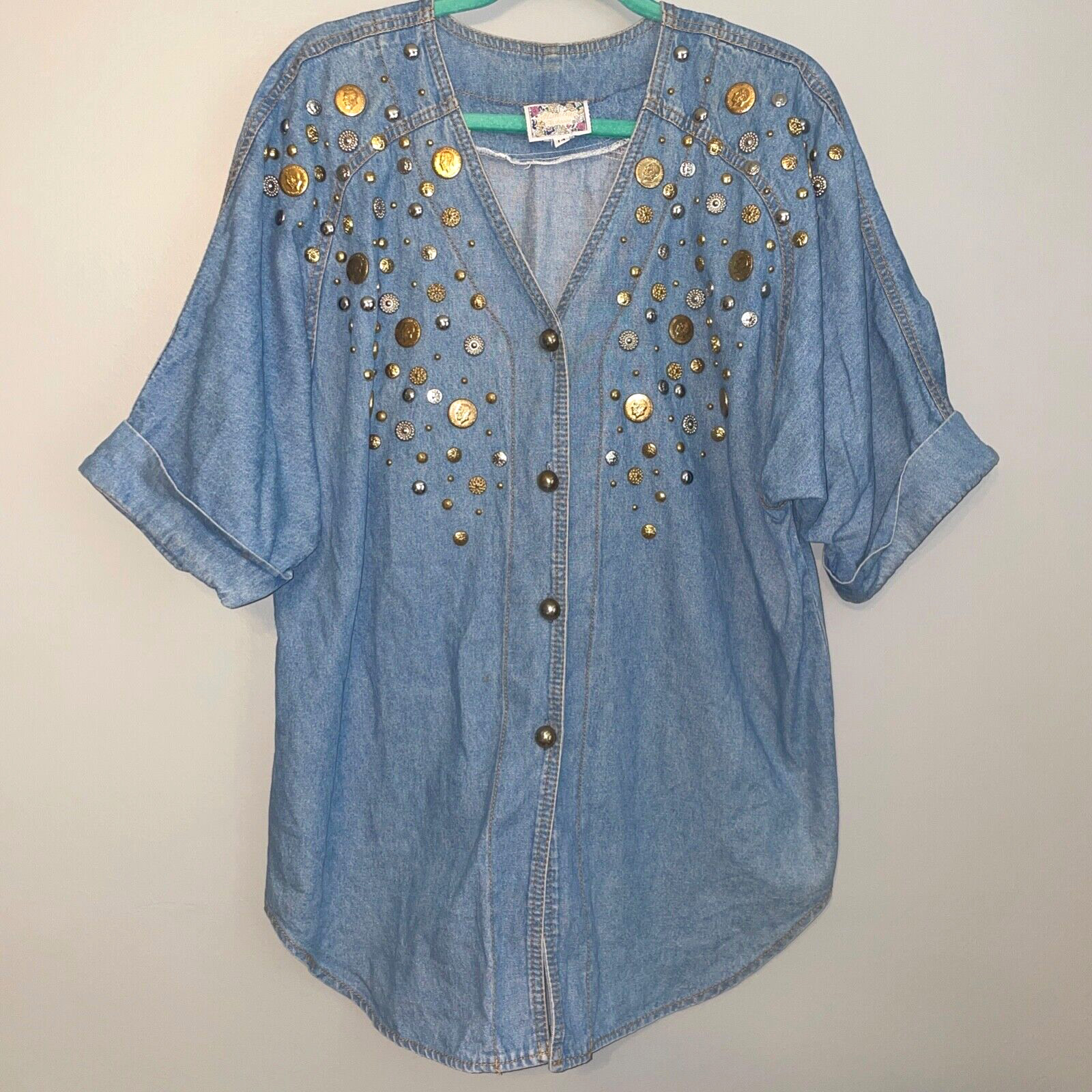 Vintage 80’s Monique Fashions V Neck Studded Medallions Denim Top Women’s 14 L