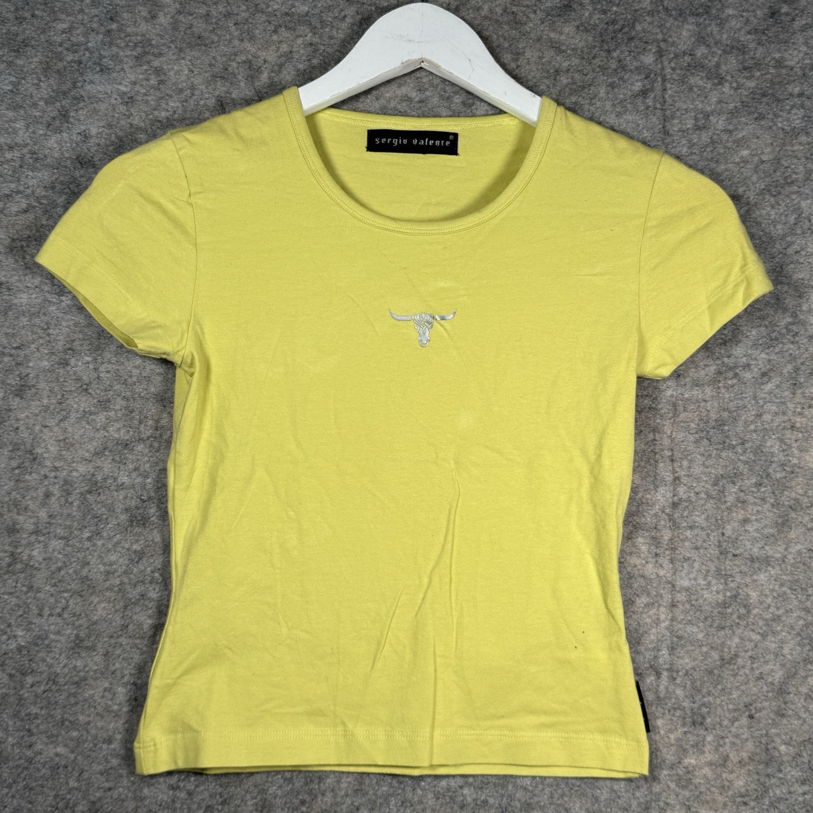 Vintage Y2K Womens Sergio Valente Yellow Bedazzled Short Sleeve Top Size S