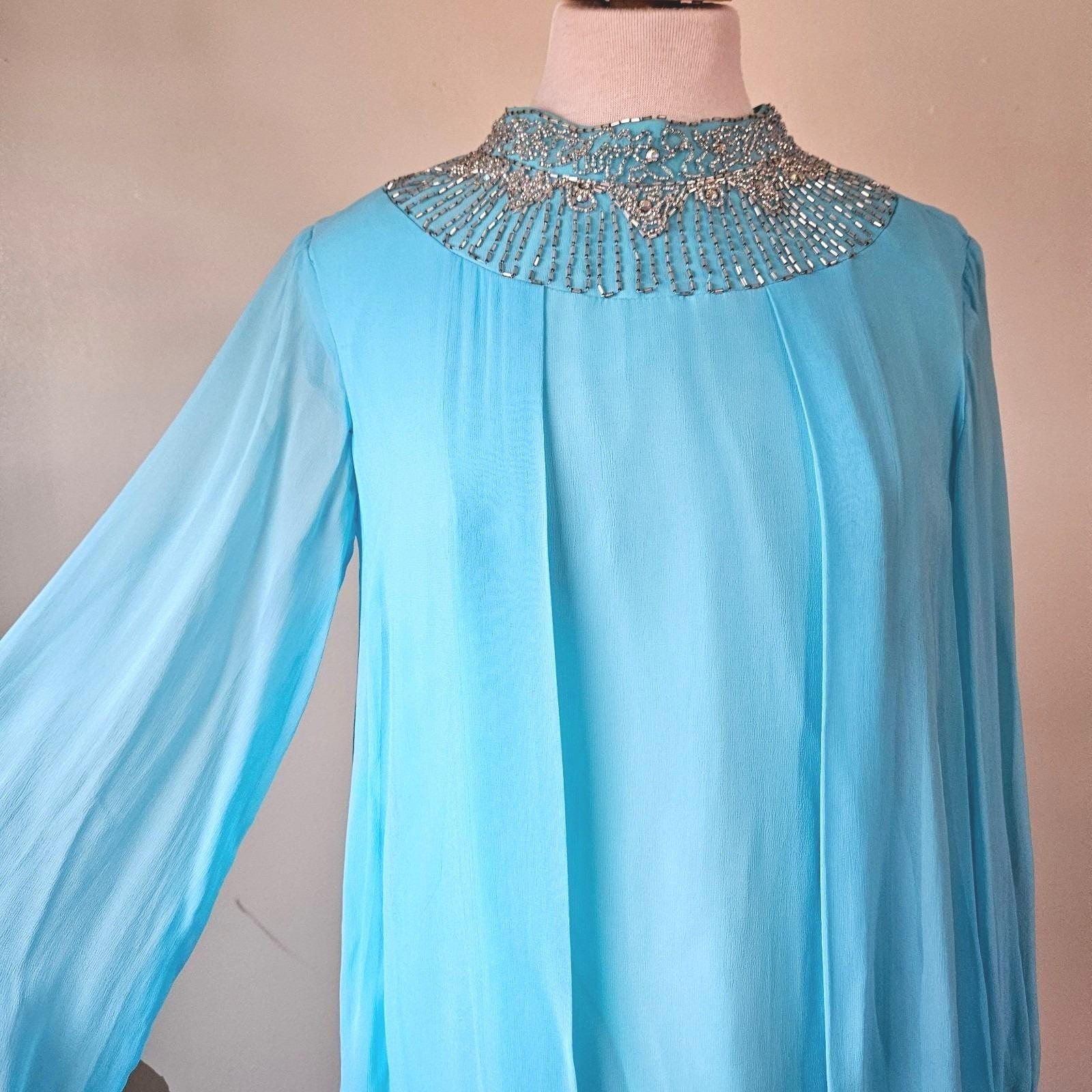 Vintage 70s Blue Disco Diva Stage Chiffon Sheer Overlay Maxi Dress Gown Beaded M