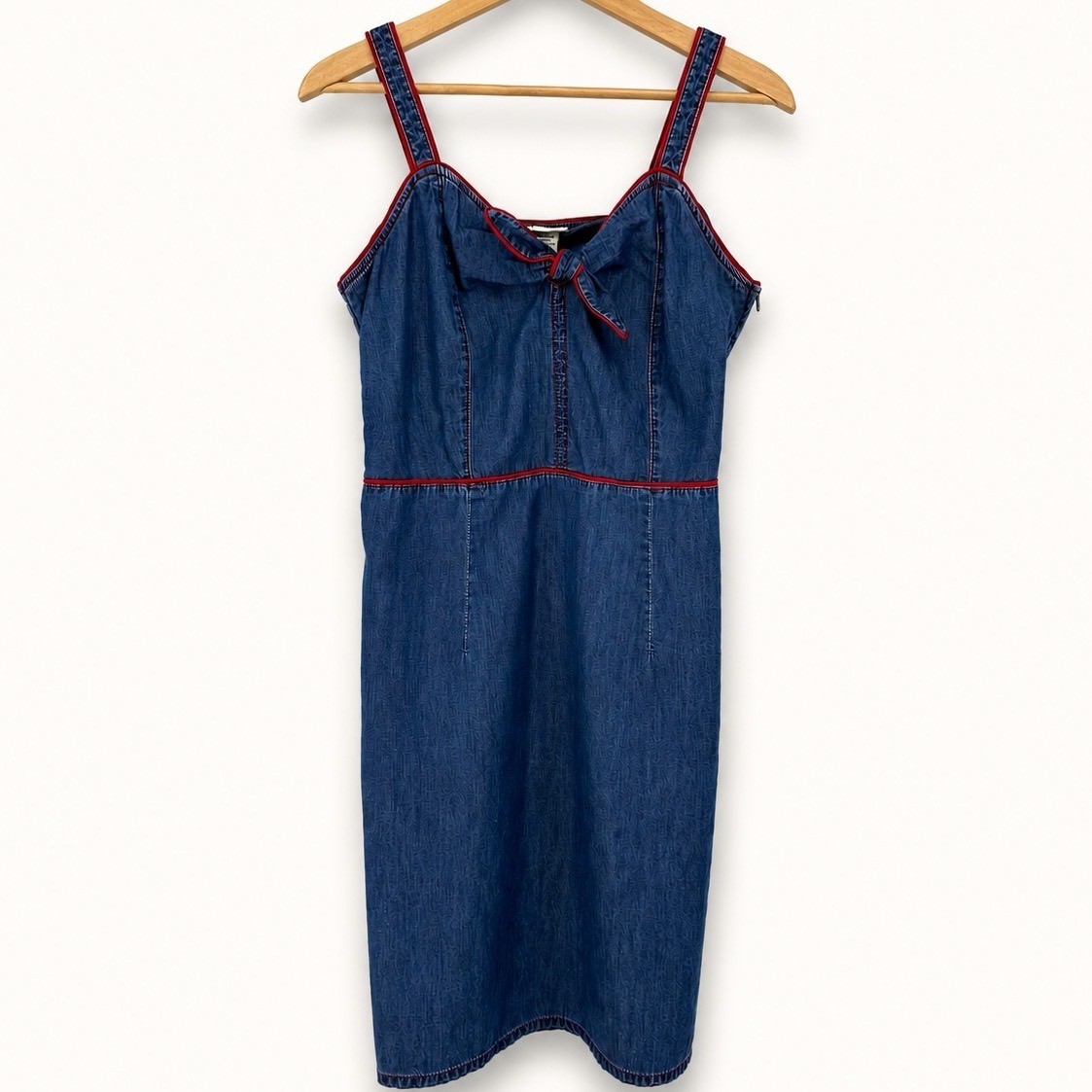 Y2K Faded Glory Women 10 Denim Dress Blue Red Trim Bow Tie Front Americana USA