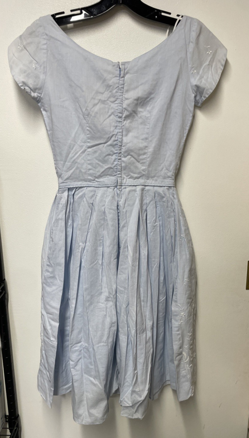 Vtg Blue Cotton Dress W/ Embroidered White Flowers Layered Split Skirt Flowy XS
