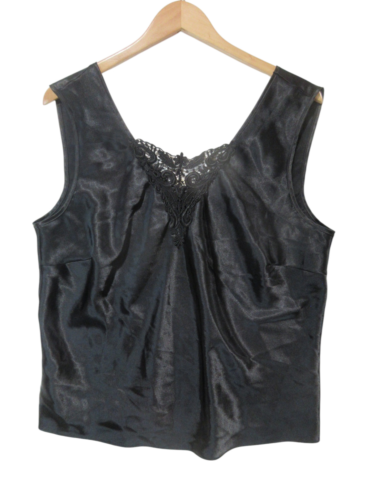 Sz XL Vtg ESCAPADES Black Silky Satin Cami Tank Top Fairy Goth Dark Coquette USA