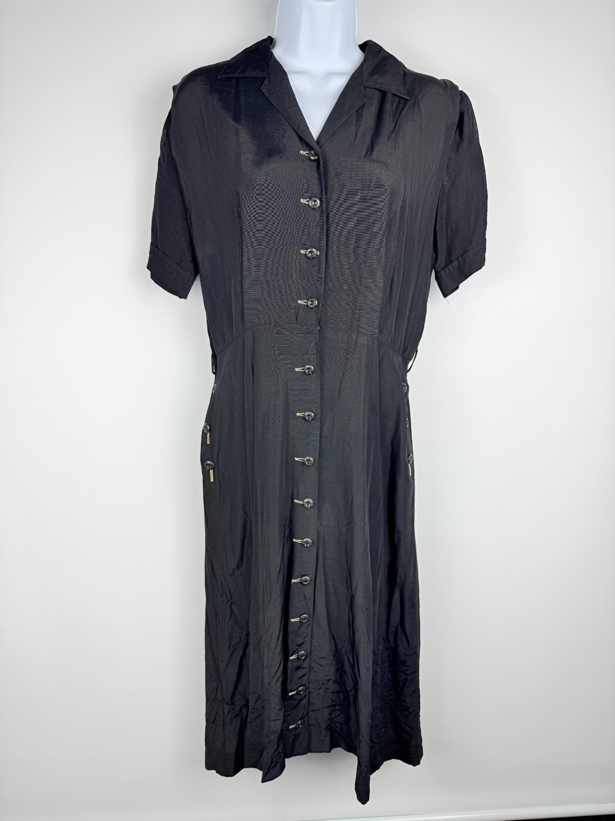 Vtg 40s Black Rayon Crepe Shirtwaist Day Dress Metal Zip Noir Pinup Medium