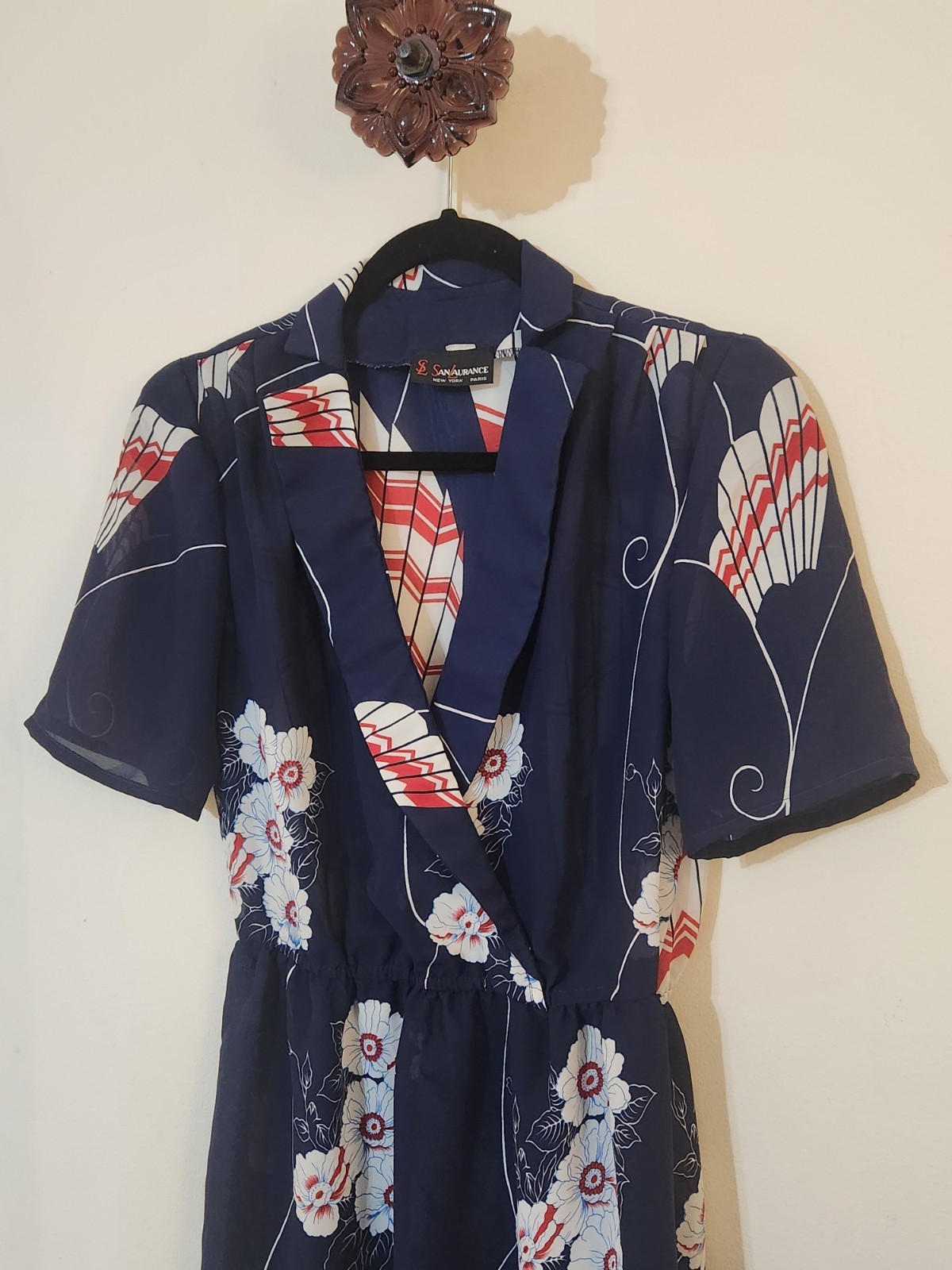 Vintage 80s San Laurance Navy Blue Fan & Floral Print Wrap-Style Day Dress