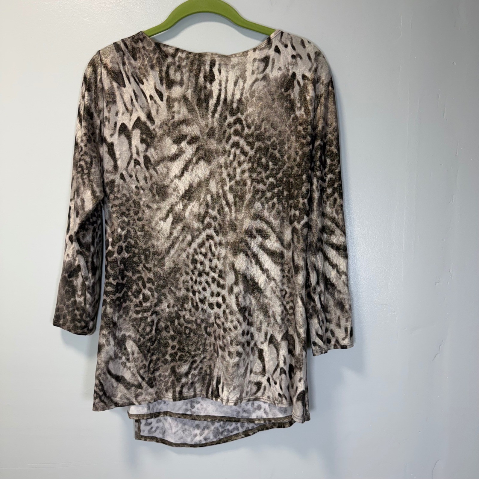 Y2K 90s Cache Leopard Print Metallic Wrap Top V-Neck 3/4 Sleeve Gold Brown Large