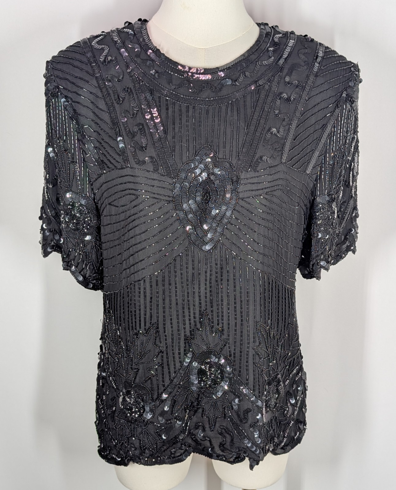 Vintage Carina Women’s Lot Of 2 Silk Beaded Two Piece Outfit Top Skirt Black