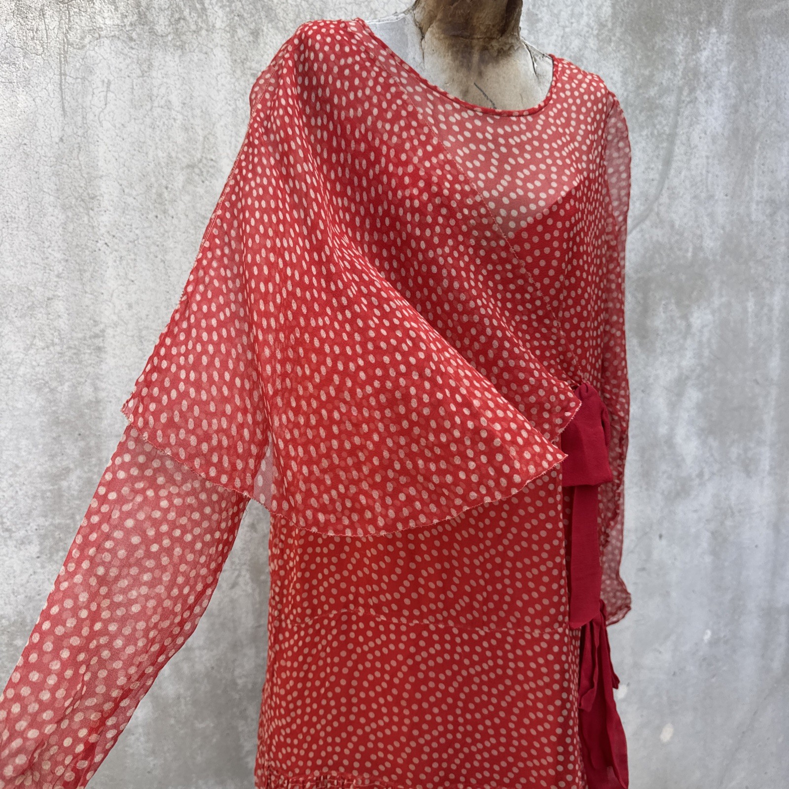 Antique 1920s Red Silk Chiffon Dress Polka Dot Asymmetrical Bow Marjone Vintage