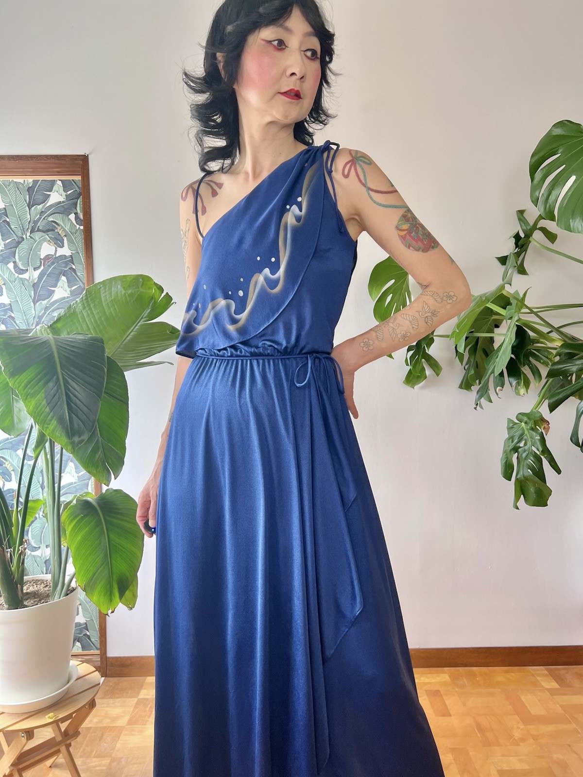 VTG 70s Disco Maxi Dress Airbrush Paint One Shoulder Gown S/M Studio 54 Dress