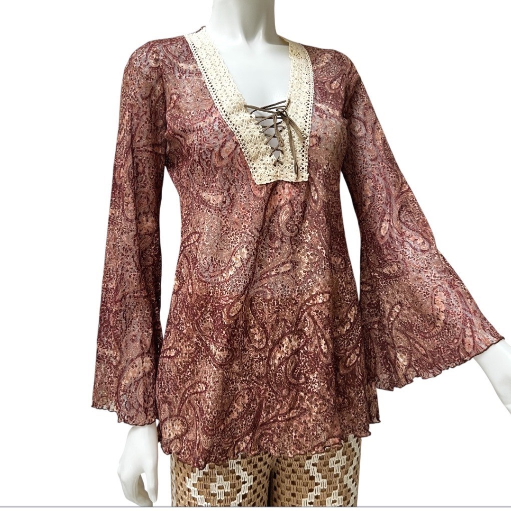 Vtg 90s Bisou Bisou Paisley Lace Bell Sleeve Top Boho S Whitchy Whimsygoth USA