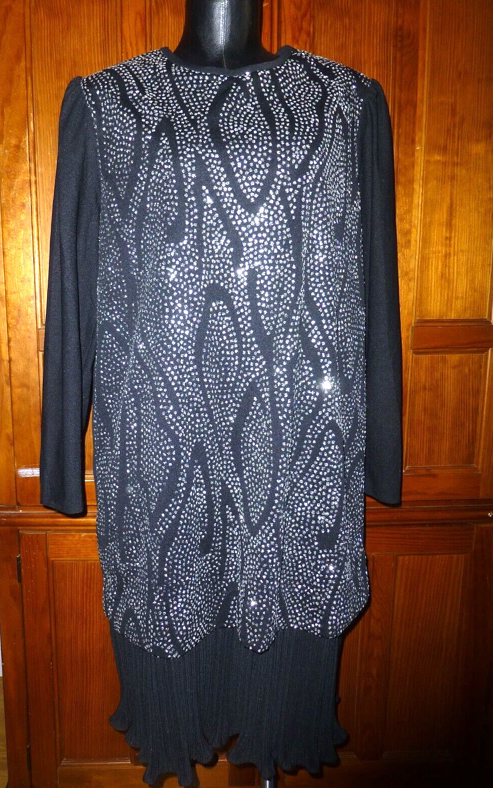 VTG 70s Black Shimmer glitter Micro Pleats Disco evening shift DRESS L XL