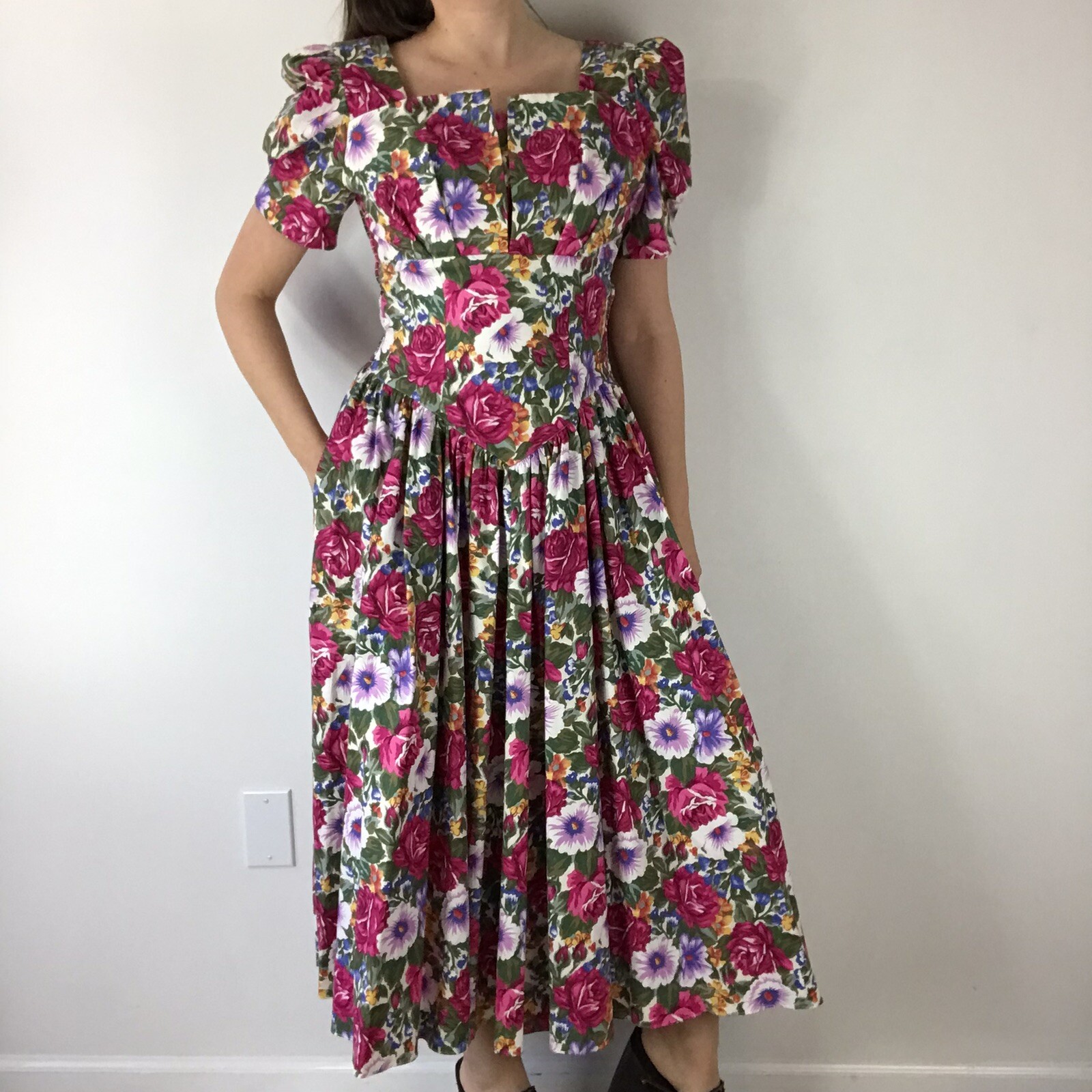 Robbie Bee 80s Retro Style Floral Garden Tea Party Full Circle Dress Size 14