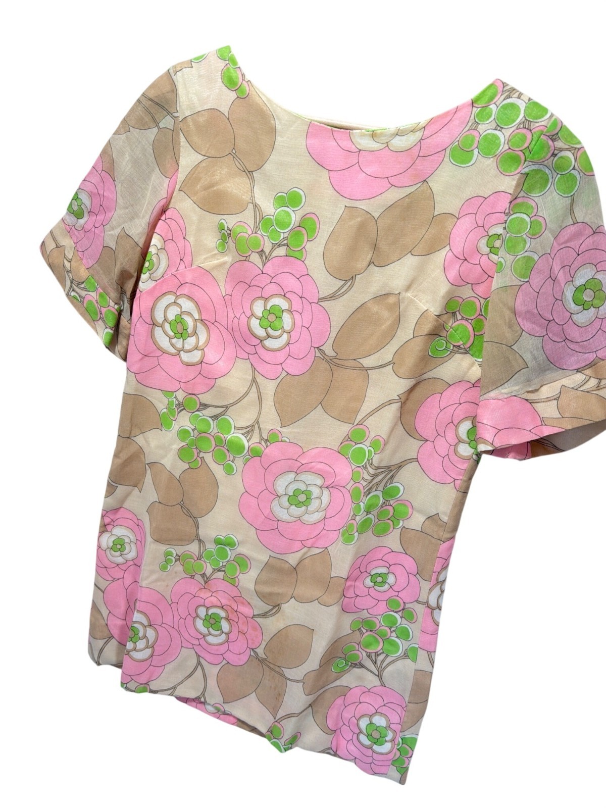 1960s Vintage Mod Floral Short Sleeve Go-Go Shift Dress Beige Pink Green