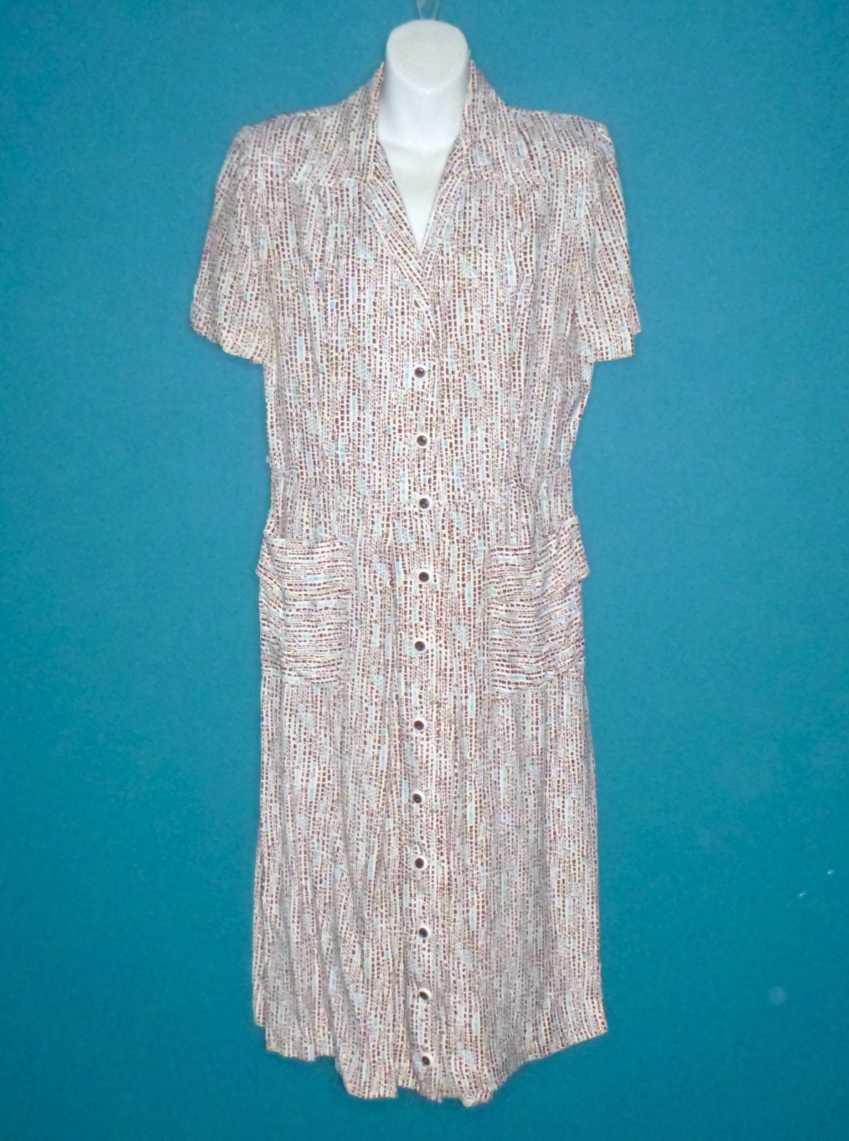Vtg 40s 50s Cay Artley Rayon Shirt Dress Brown Aqua Geometric VOLUP Sz XL
