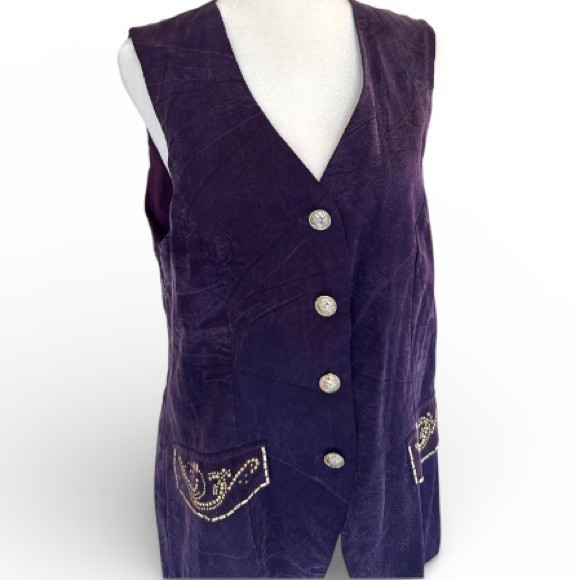 Vintage Vest 90s Women’s Medium Beaded Pockets Purple Silky Button Front Icing