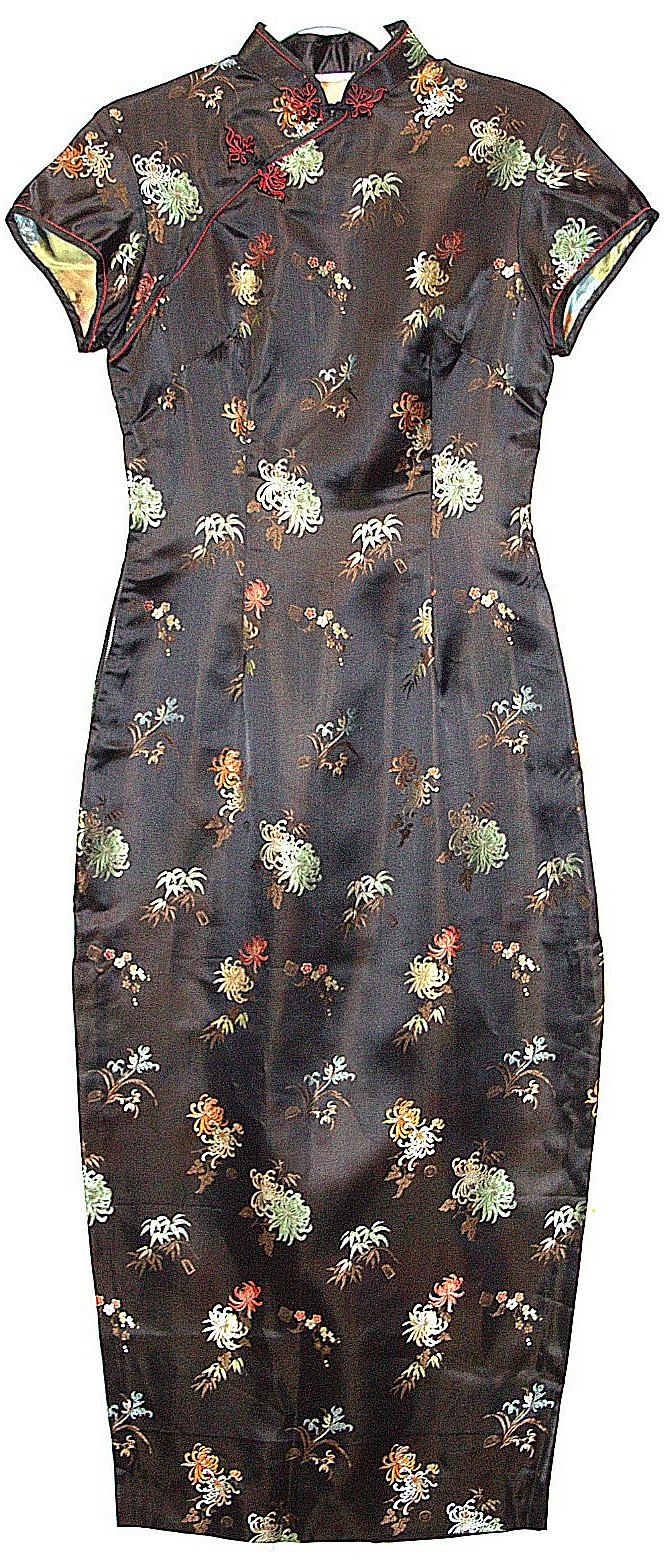 Vintage Cheongsam Dress Black Satin Brocade Qipao Floral 28 Waist