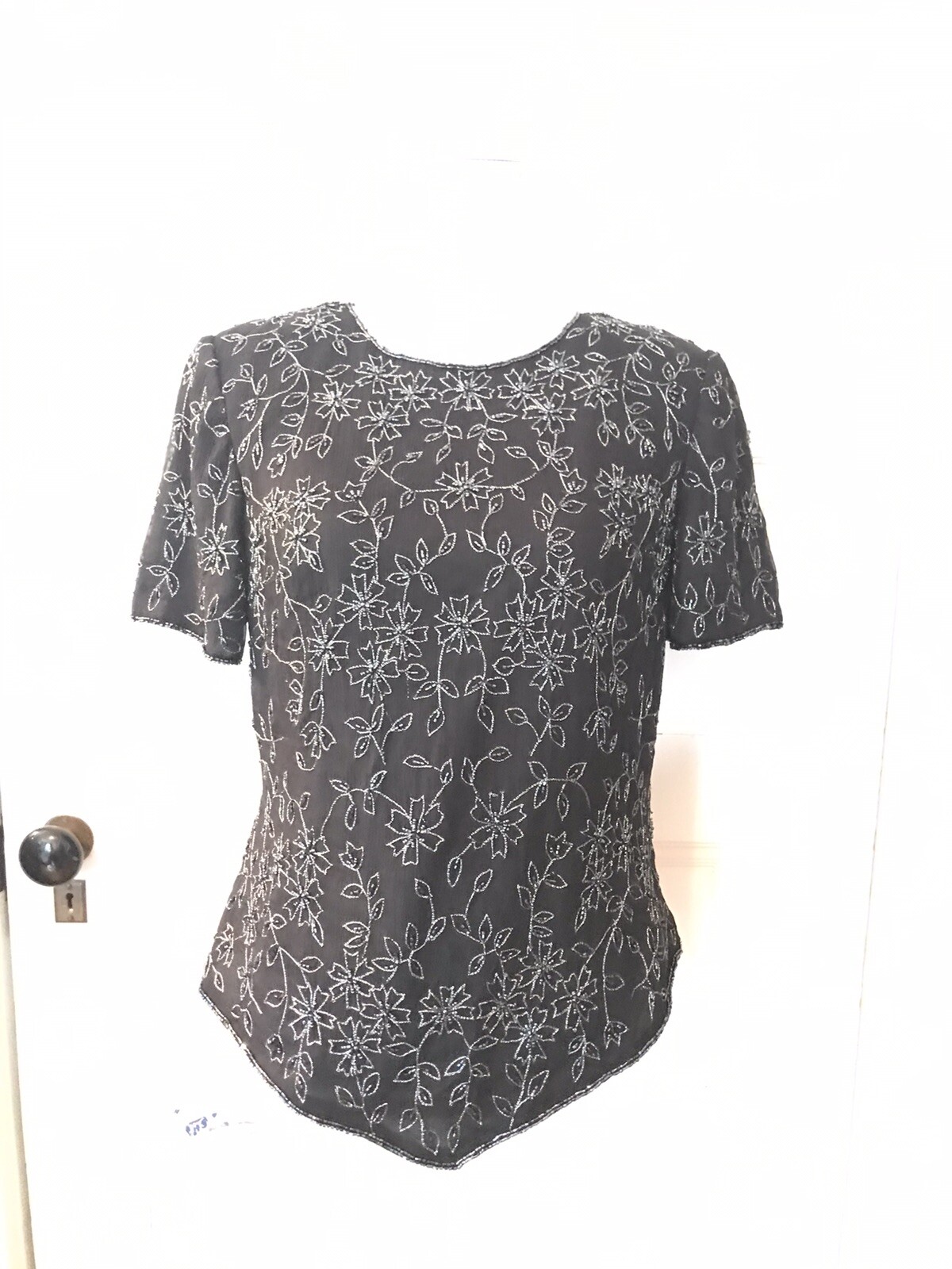 Vtg Andretta Donatello Top Blouse Size M Black Beaded Floral Shirt Evening Party