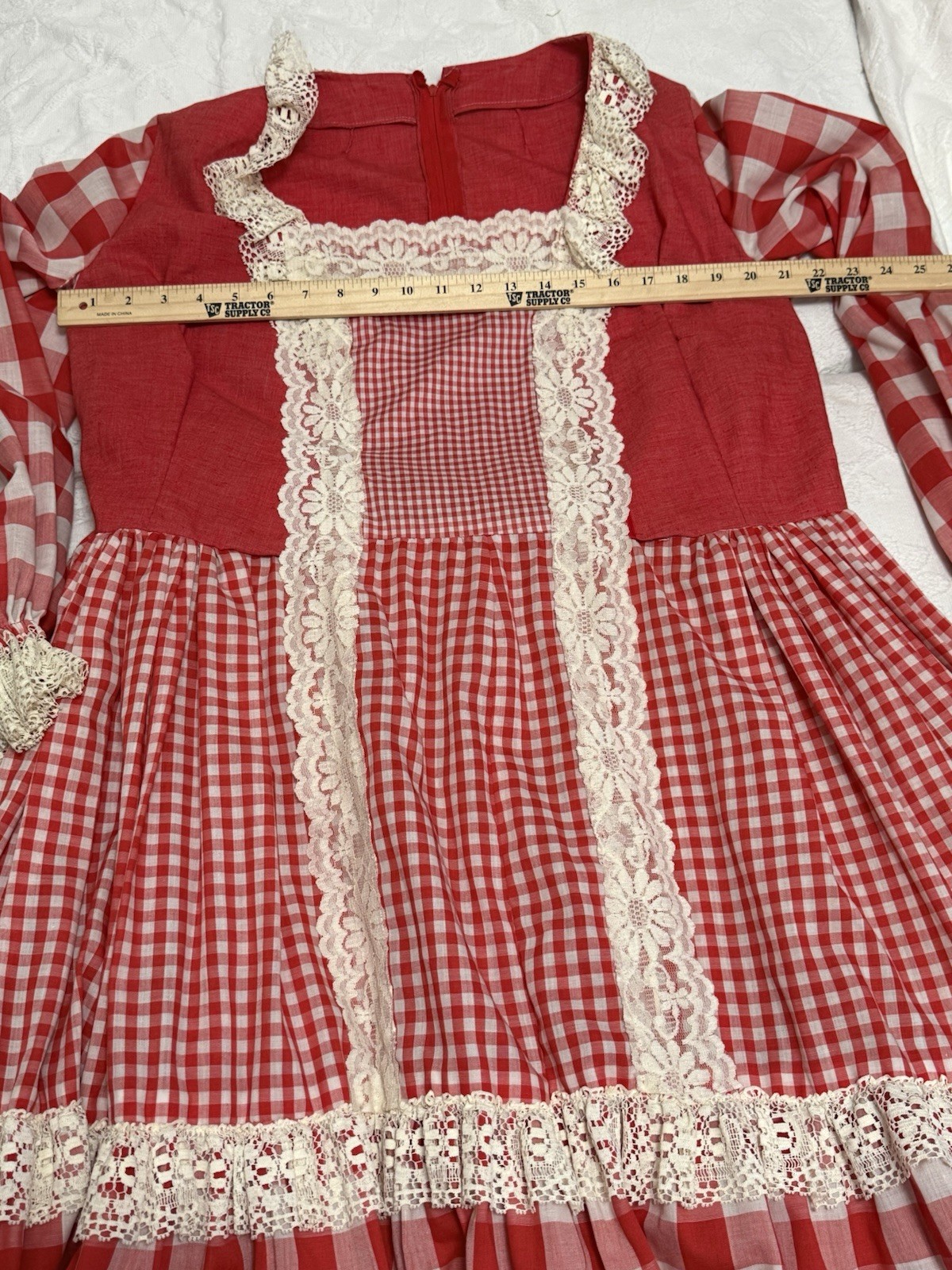 Vtg 70s Handmade Prairie Dress Red Gingham Lace Bib Farmhouse XL Storybook Style