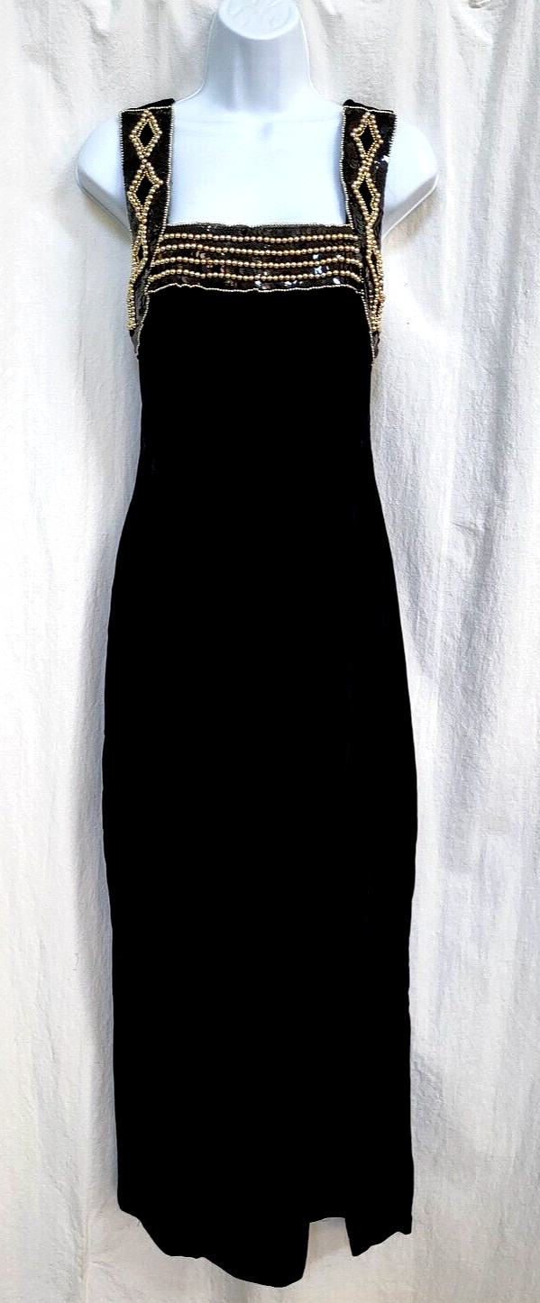 Elegant Black Velvet Vtg 80s Blondie and Me Evening Gown Dress Sequins Beads 5/6