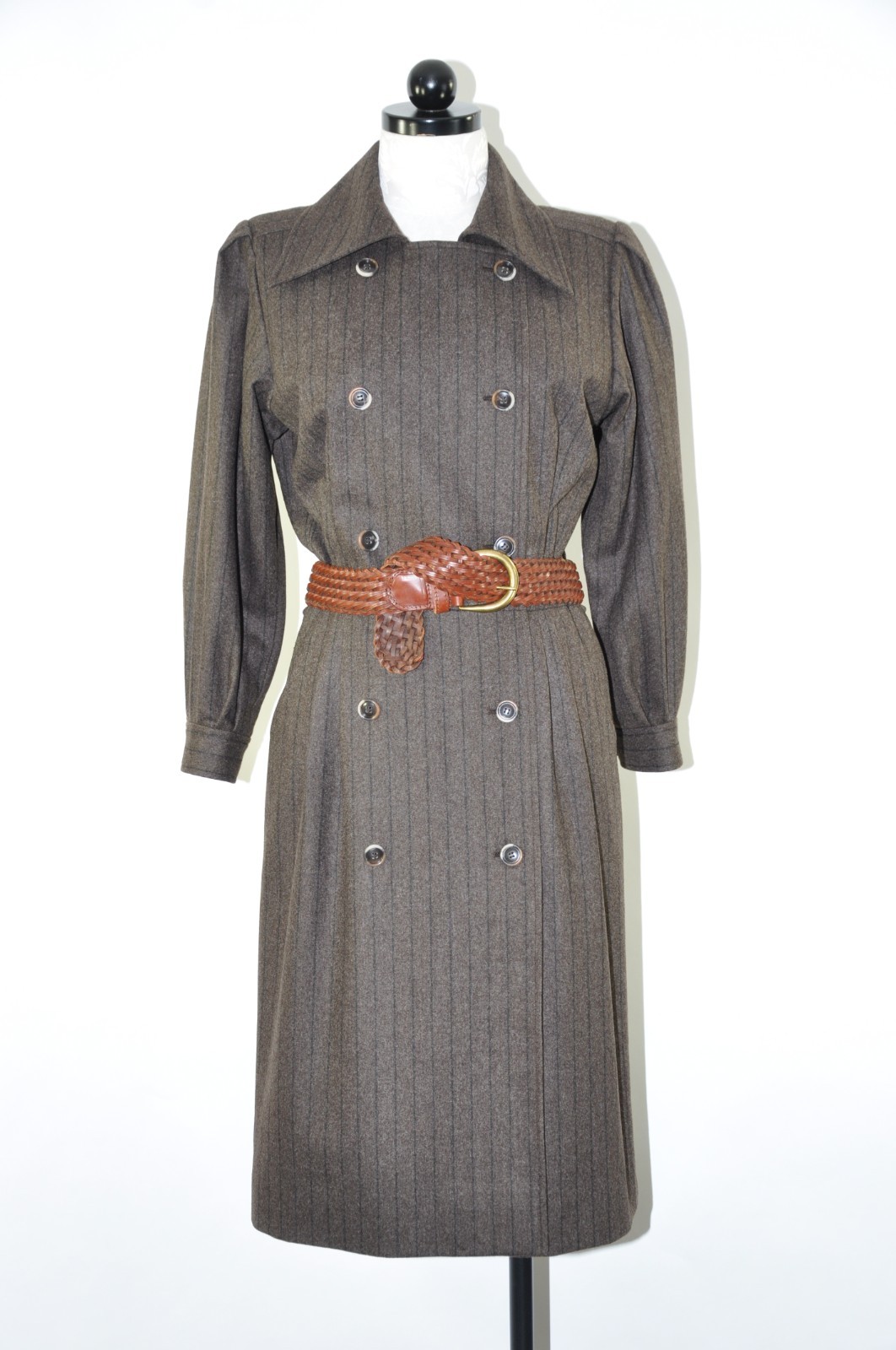 80s Vintage Saint Laurent Rive Gauche Brown Stripe Wool Tweed Coat Dress Women M