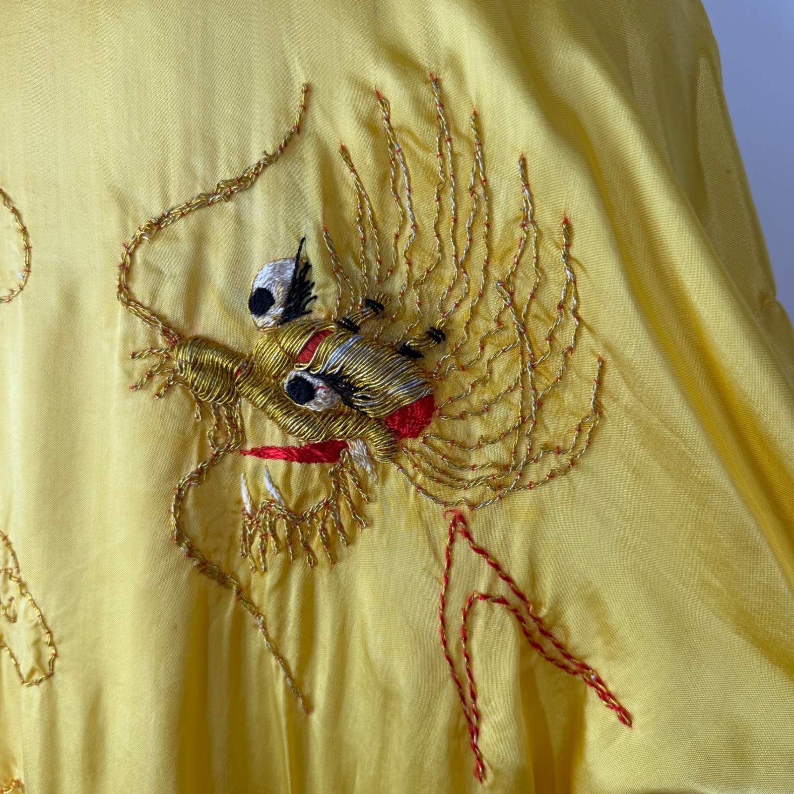Vintage Yellow Kimono Robe Dragon Gold Metallic Embroidery Long Duster Belt