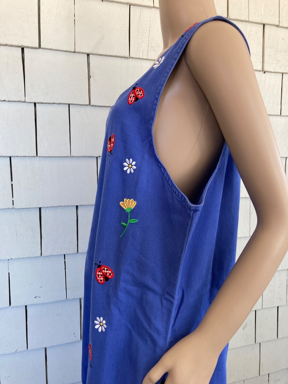 Vintage Boho Mandal Bay Maxi Dress with Embroidered Flowers Ladybugs Size Large