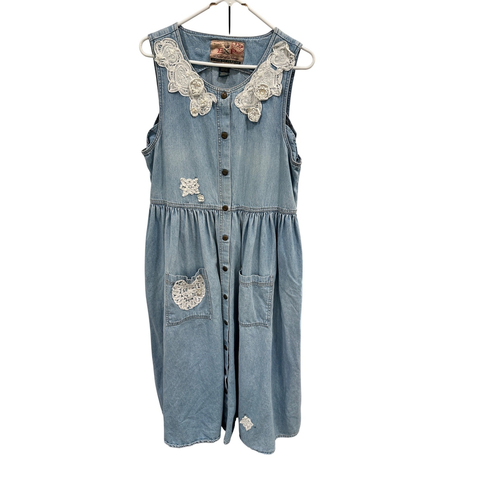 Vintage Express Spirit of Nimes Denim Lace Midi Dress Light Wash Blue 90s L