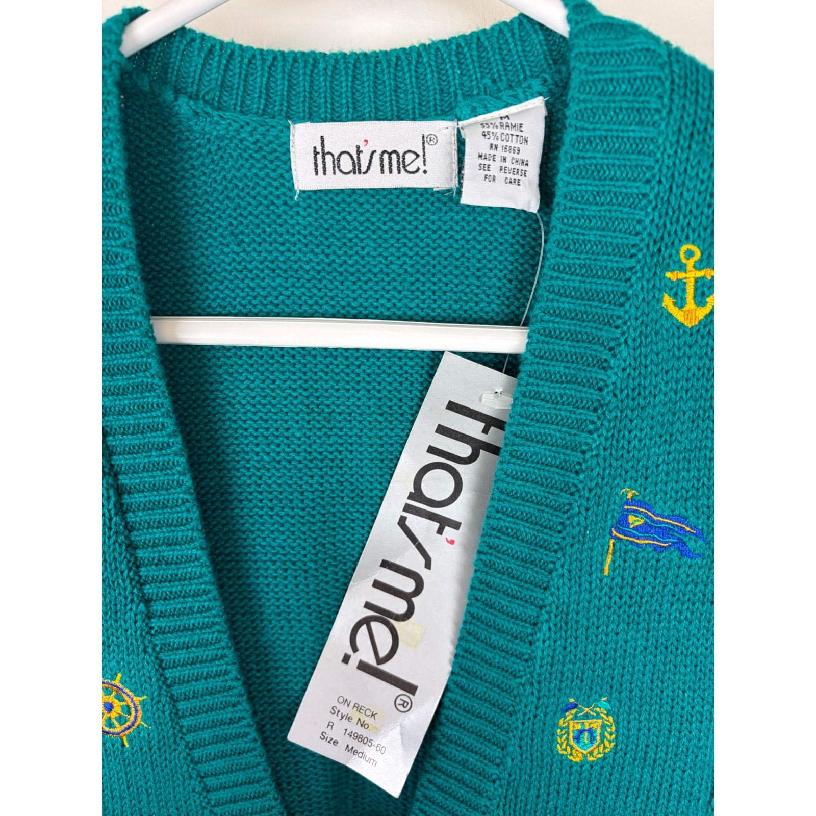 NEW Vintage 90s Thats Me Sweater Vest Medium Teal Nautical Embroider Cable Knit