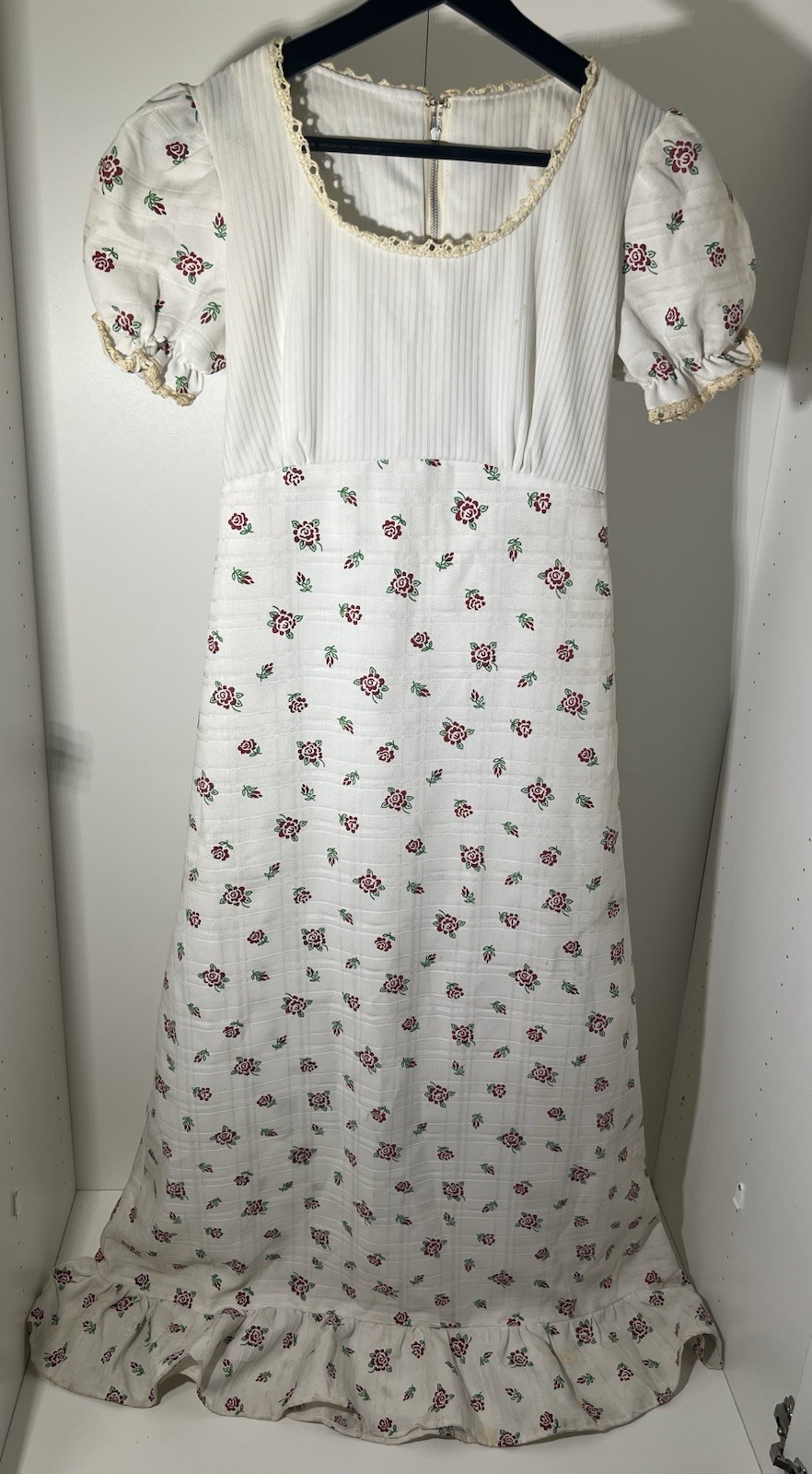 1970s Prairie Dress Floral Cotton Gauze Puff Sleeve Lace Empire Size 13 As Is