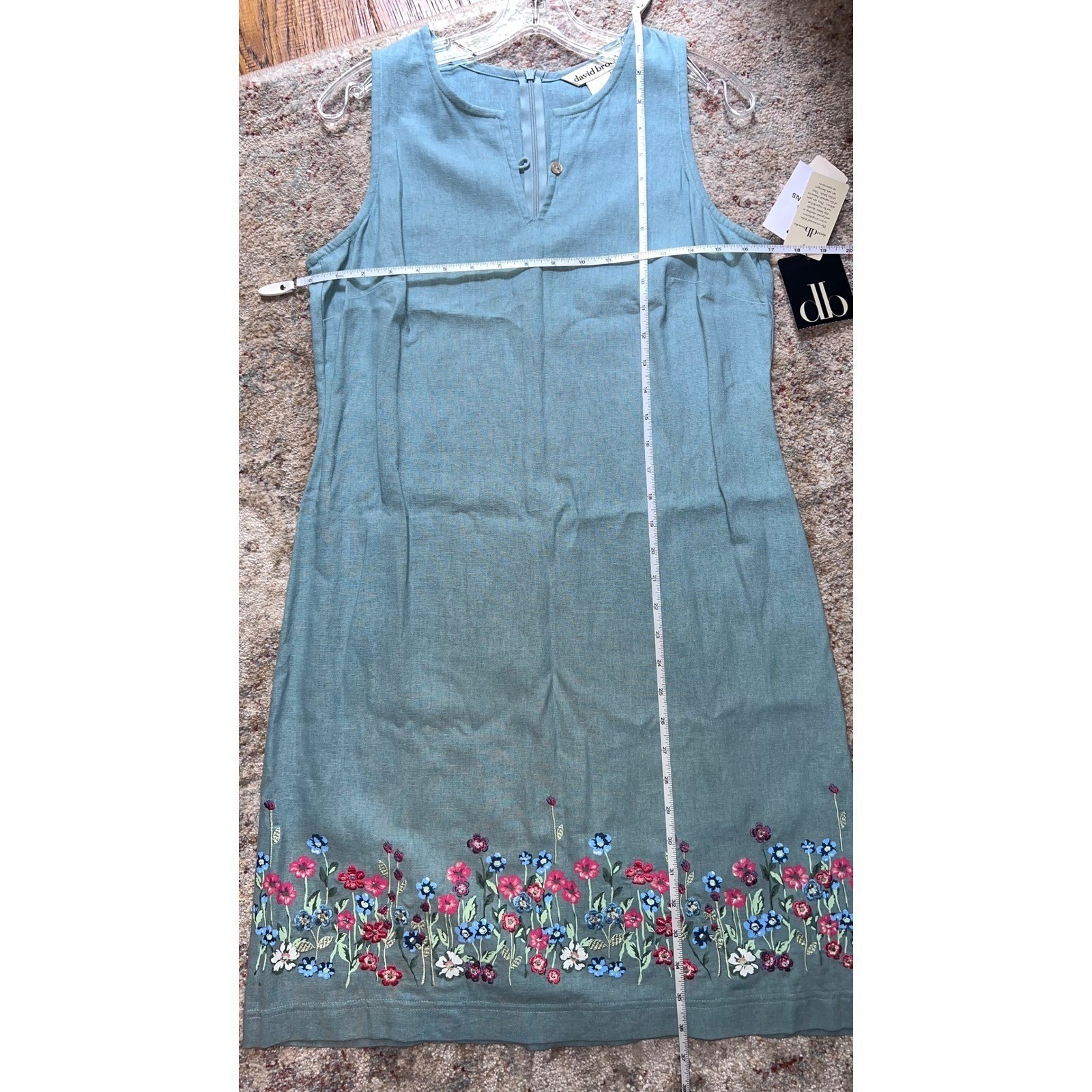 VINTAGE Linen Blend Floral Embroidered Dress soft blue intricate embroidery