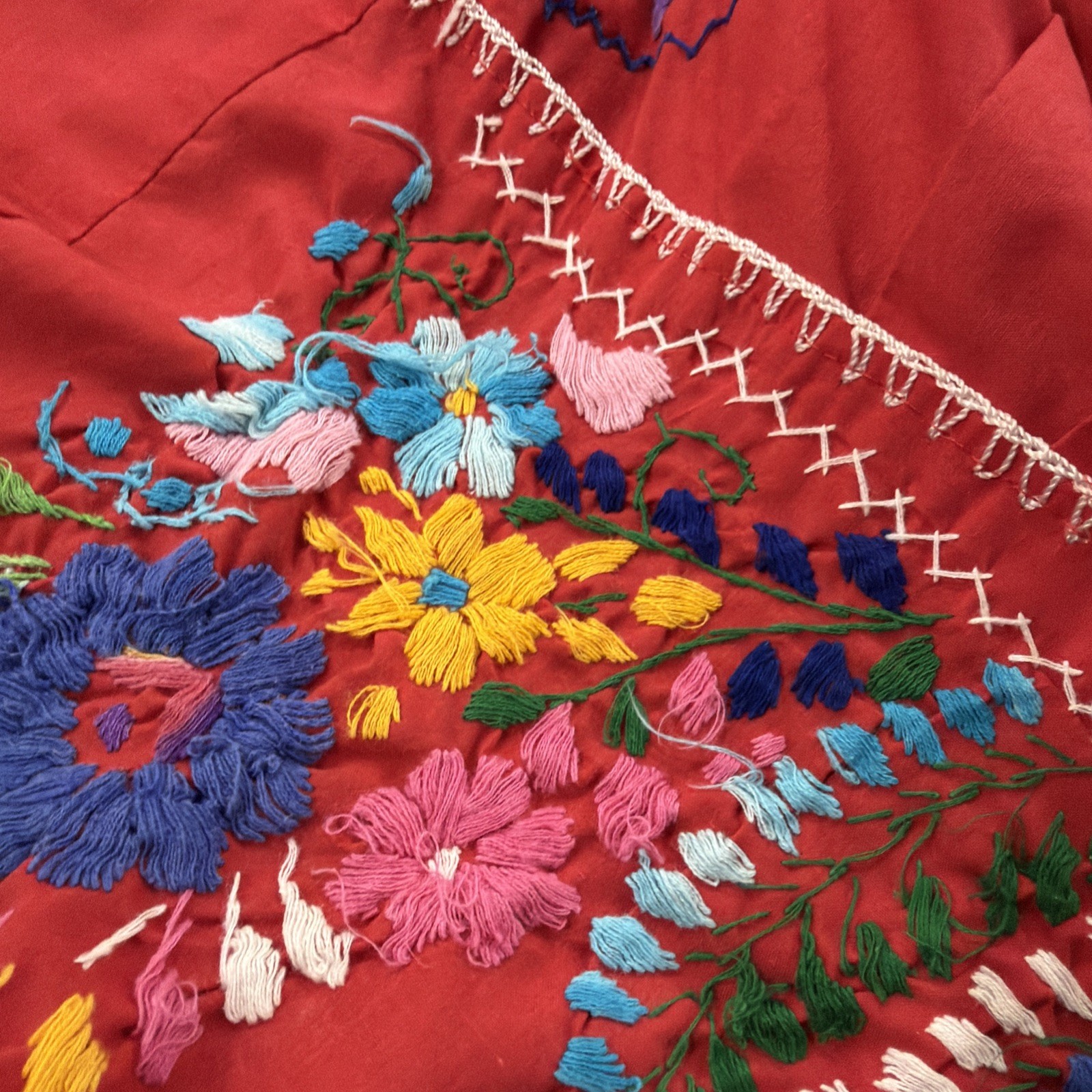 VTG Hand Embroidered Oaxaca Mexican Folk Art Dress Floral Motifs Women Size L