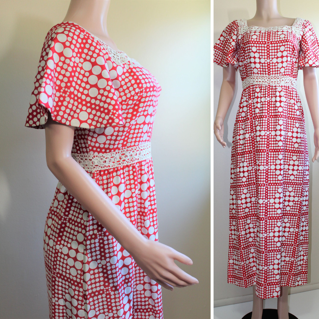 M Vintage 70s Maxi Prom Dress A Line Red White Polka Dot SS Puritan Juniors