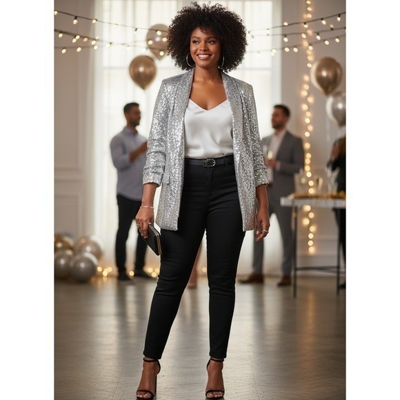 Open Edit Sequin Blazer Womens Medium Silver Single Button Sparkle NWT
