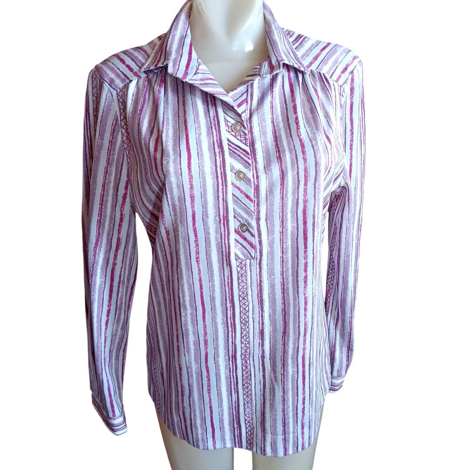 True Vintage Top 10 Medium 1970s Purple Polyester Striped Collared Ko Ko Knits