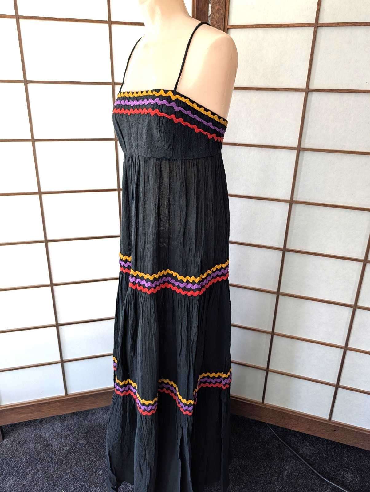 Vintage 1970s Act I New York Black Gauzy Maxi Sundress Tiered Rick-Rack Sz XXS