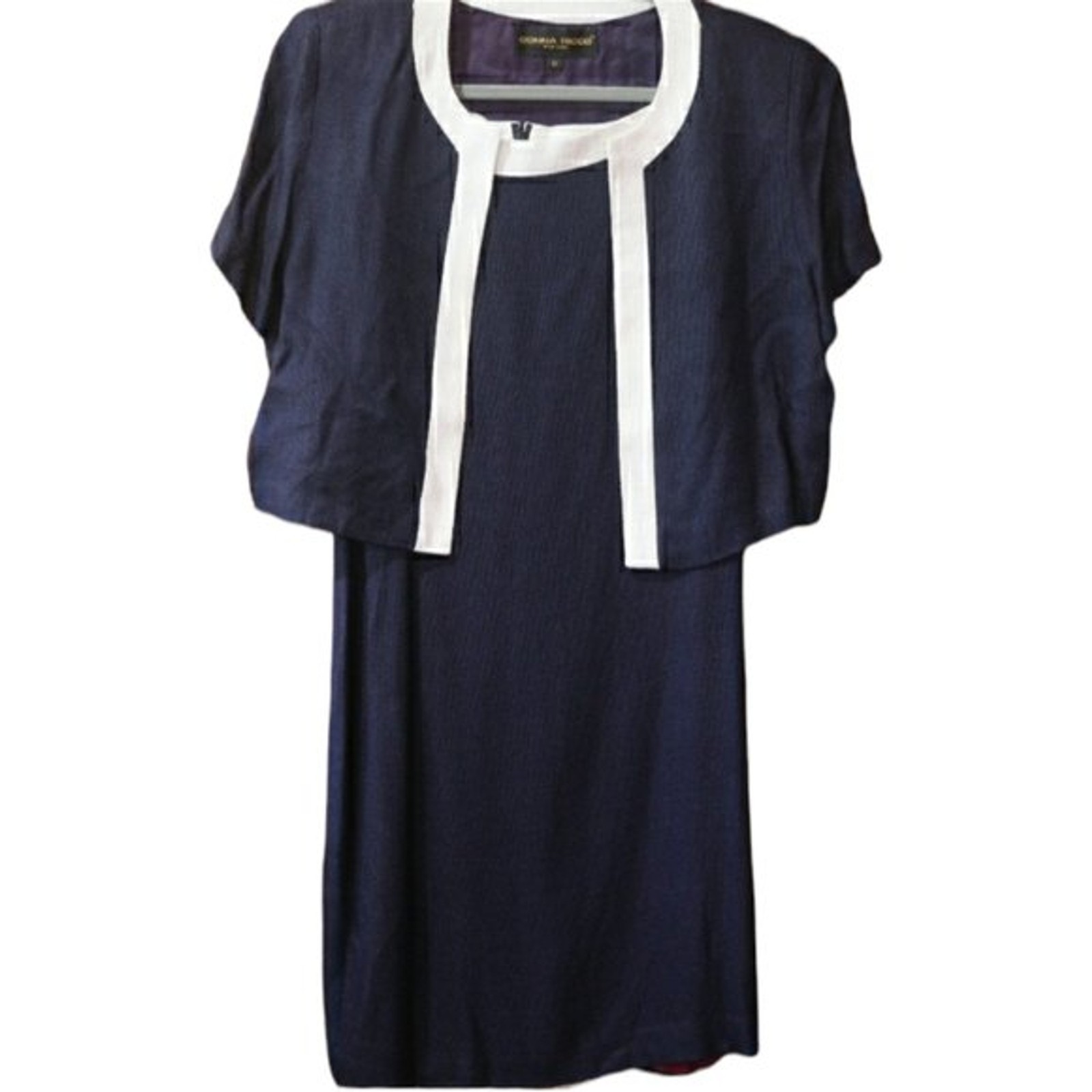 Donna Ricco Vintage Navy Blue White Trim Midi Dress & Jacket Set 12